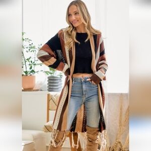 Wear to Love Bohemian Striped Fringe Duster Cardigan Size L‎ — Pre-owned 👌